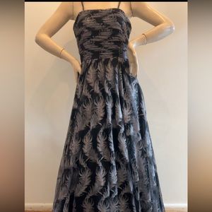 David Meister strapless feather embellished fit and flare mesh long gown